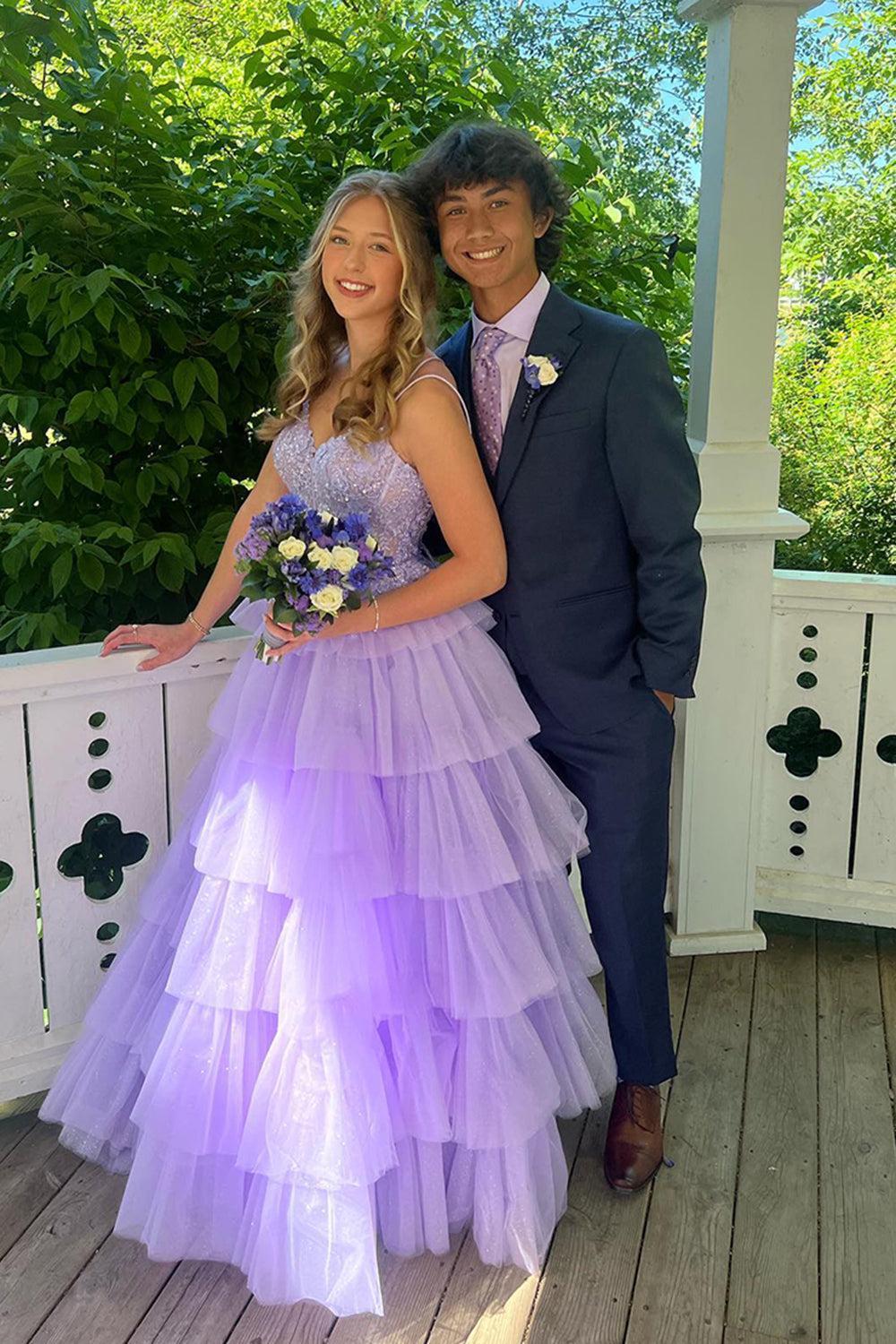 Lilac Prom Dress A Line Corset Long Tulle Ruffled Evening Dress with Lace