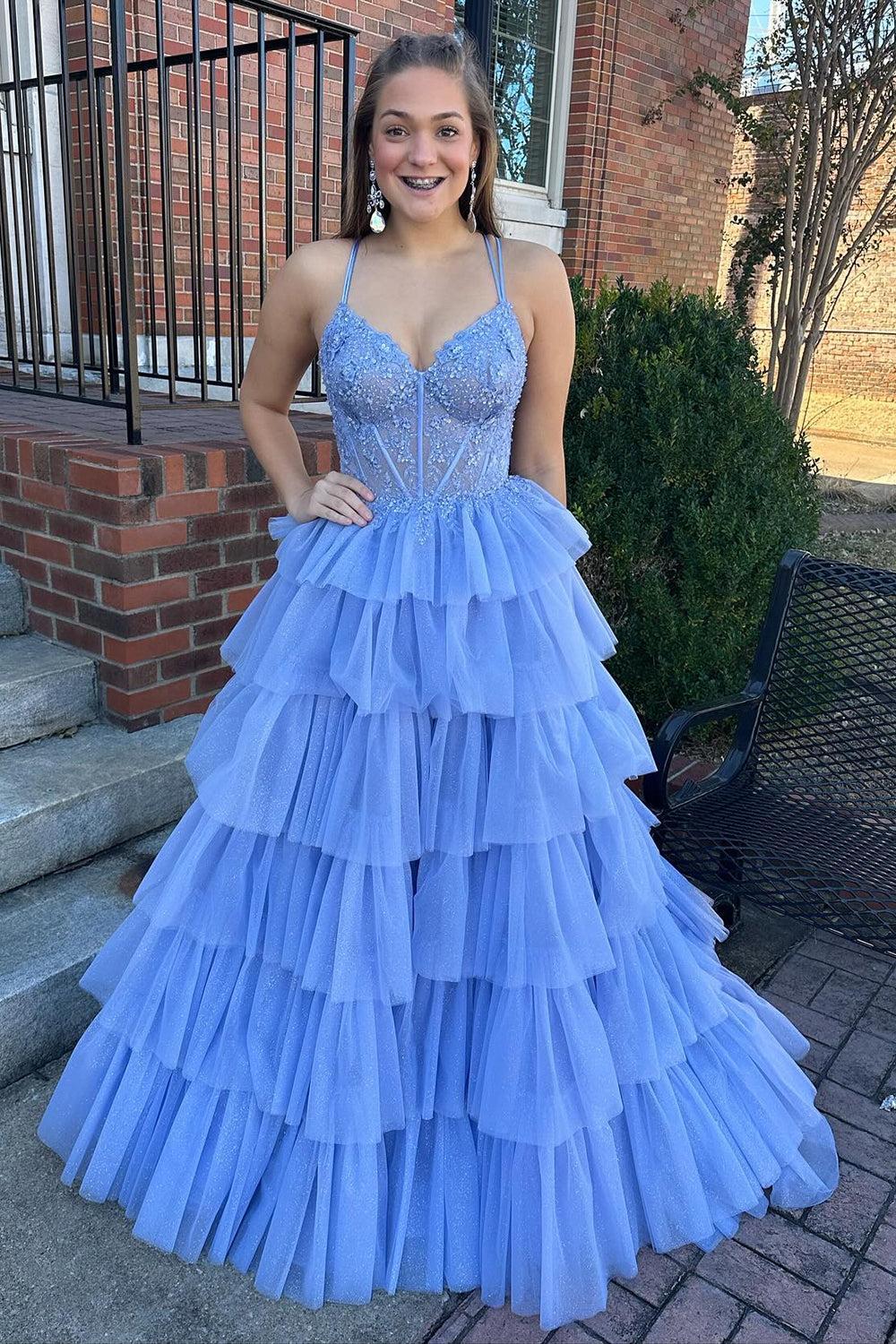 Lilac Prom Dress A Line Corset Long Tulle Ruffled Evening Dress with Lace