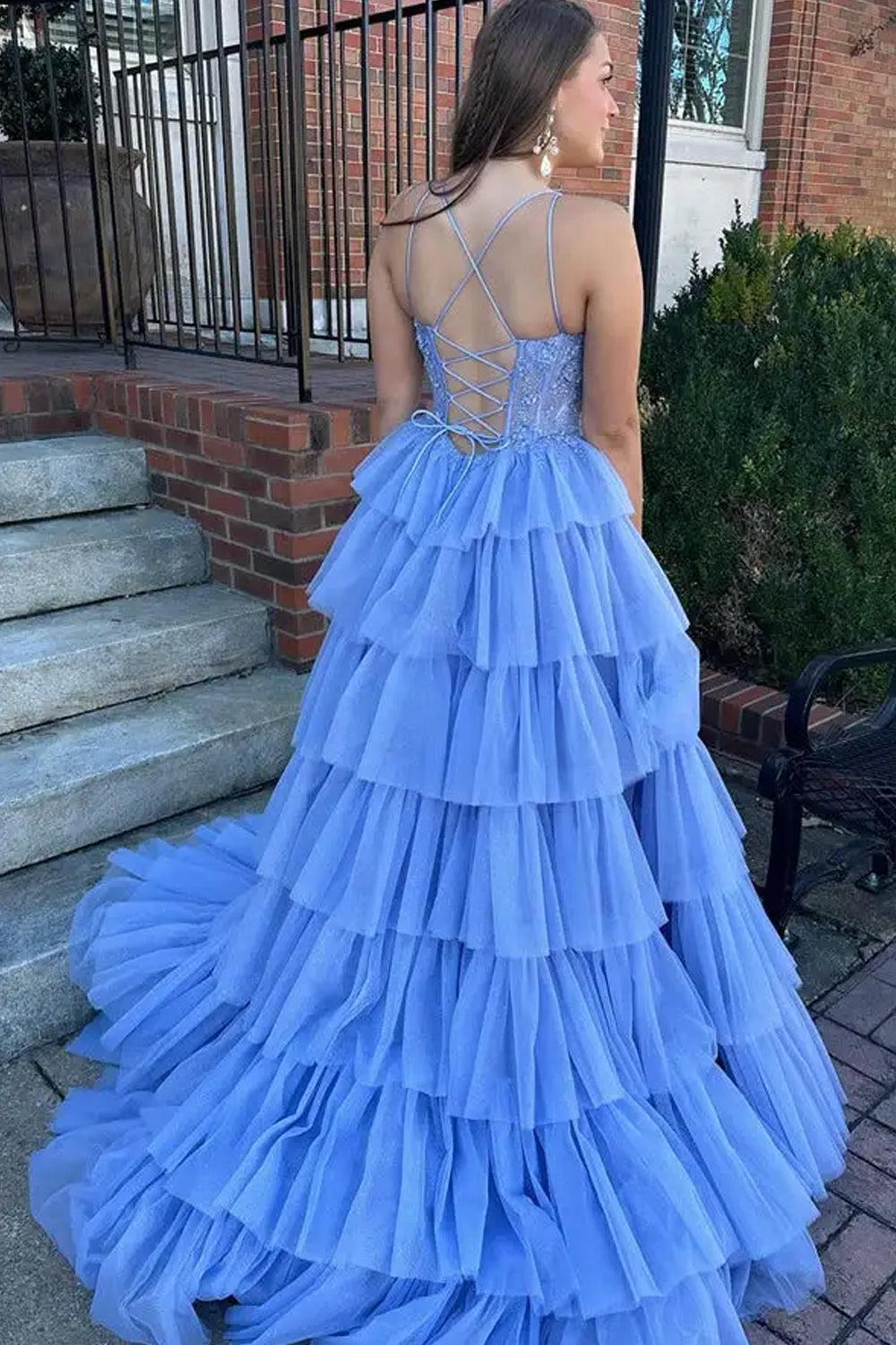 Lilac Prom Dress A Line Corset Long Tulle Ruffled Evening Dress with Lace