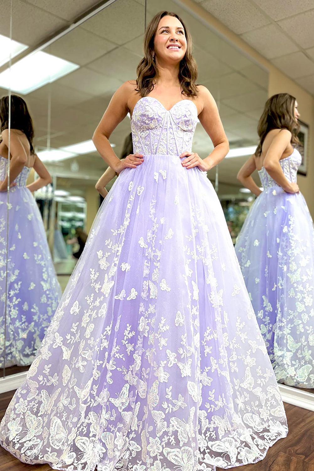 Lilac Prom Dress A Line Lace Corset Formal Dress With Butterflies