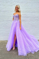Lilac Prom Dress A Line Tiered Sweetheart Long Corset Evening Dress with Ruffles