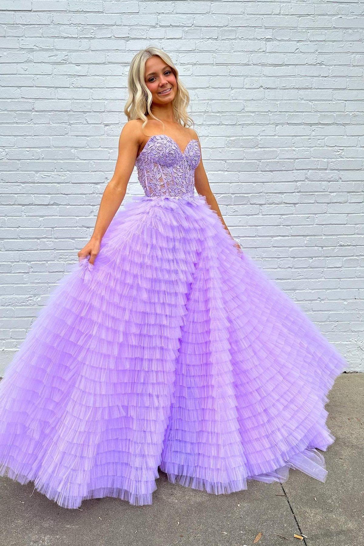 Lilac Prom Dress A Line Tiered Sweetheart Long Corset Evening Dress with Ruffles