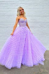 Lilac Prom Dress A Line Tiered Sweetheart Long Corset Evening Dress with Ruffles