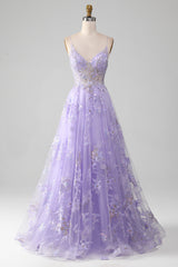 Lilac Prom Dress A Line Tulle Long Appliqued Evening Dress