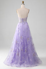 Lilac Prom Dress A Line Tulle Long Appliqued Evening Dress