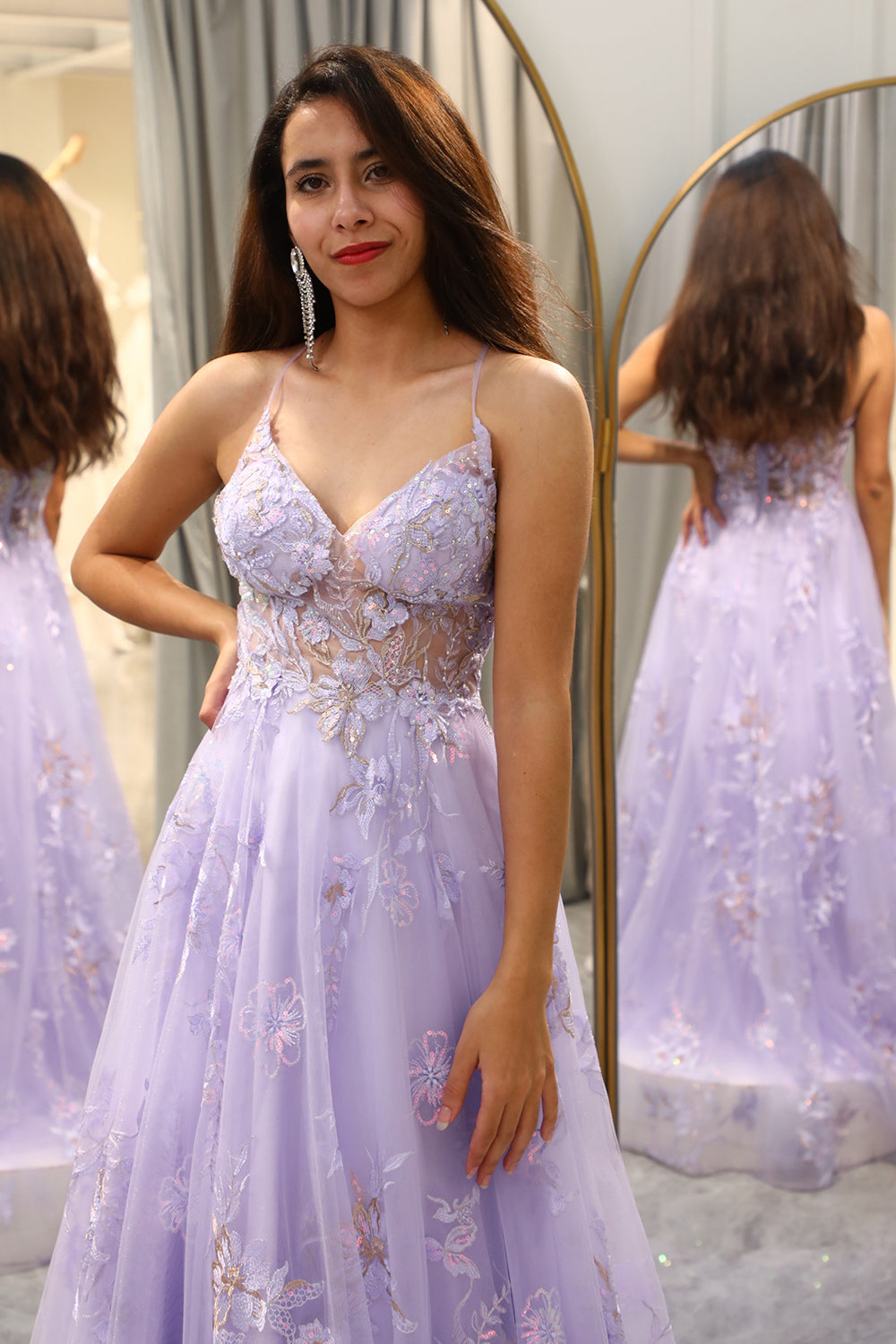 Lilac Prom Dress A Line Tulle Long Appliqued Evening Dress