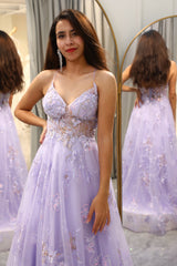 Lilac Prom Dress A Line Tulle Long Appliqued Evening Dress