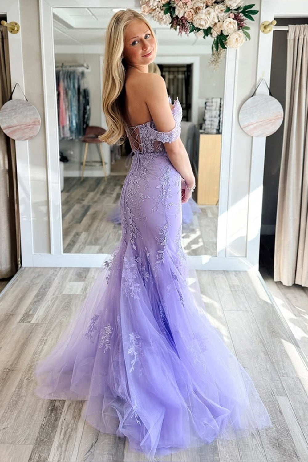 Lilac Prom Dress Appliqued Off The Shoulder Tulle Formal Dress