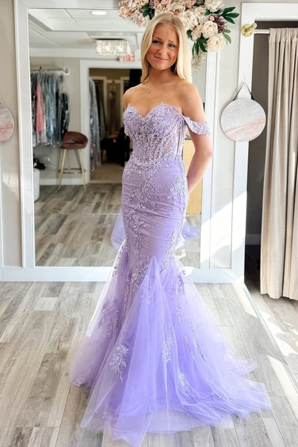 Lilac Prom Dress Appliqued Off The Shoulder Tulle Formal Dress