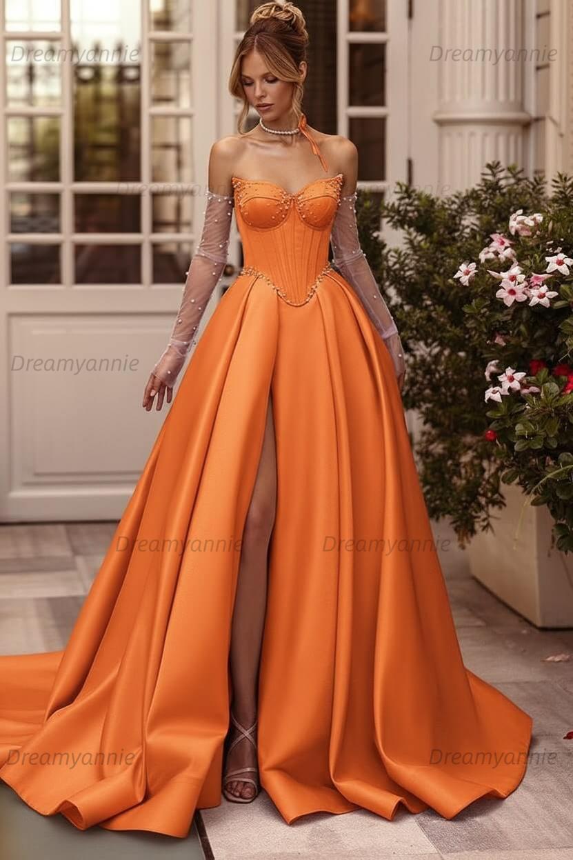 Lilac Prom Dress Beaded A Line Sweetheart Corset Evening Dress with Slit