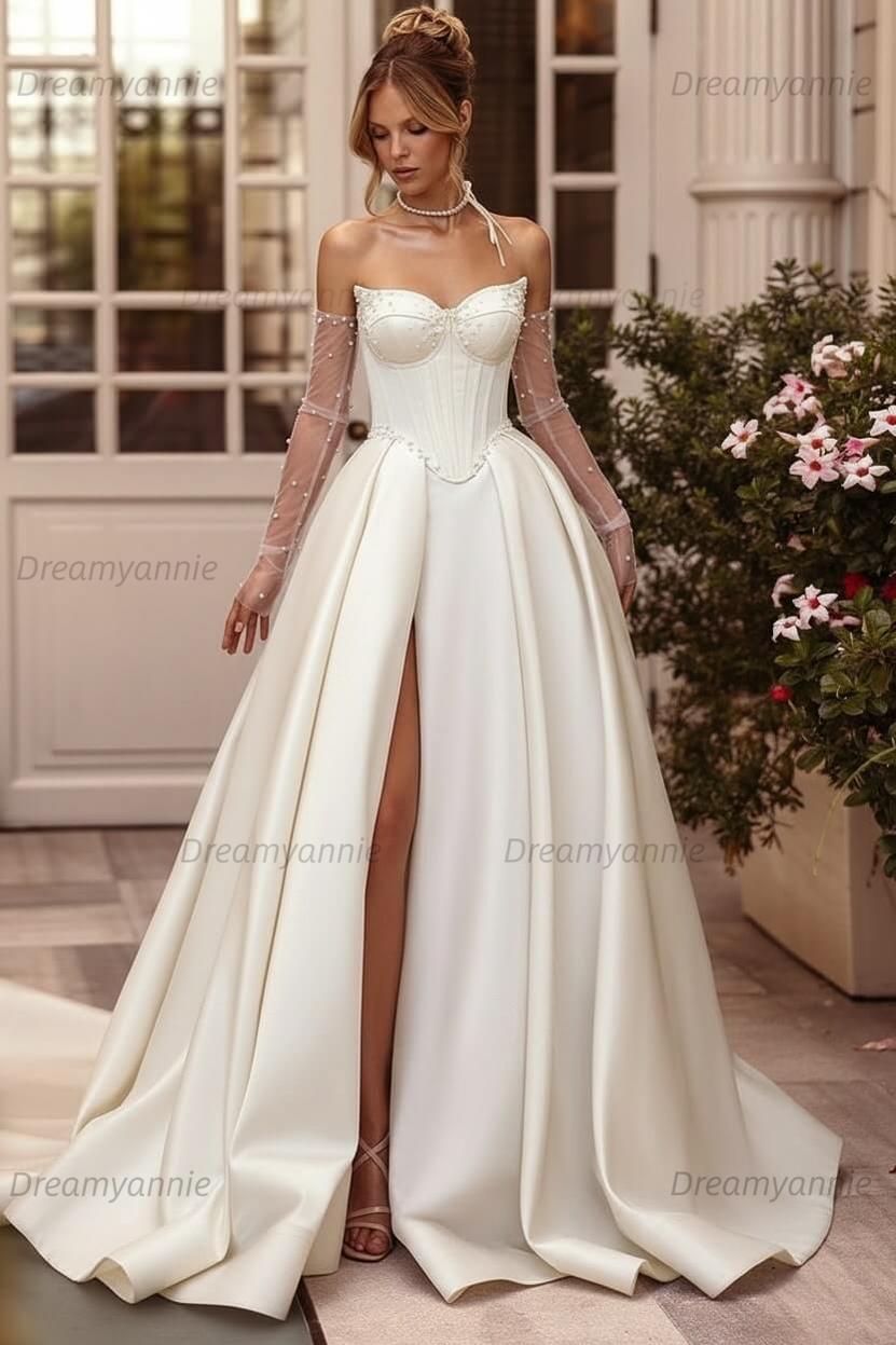 beaded evening dresses uk Dreamyannie Champagne Beaded Formal Dress Strapless Sheath Prom Wedding Party Dress with Panel Train Dreamyannie UK