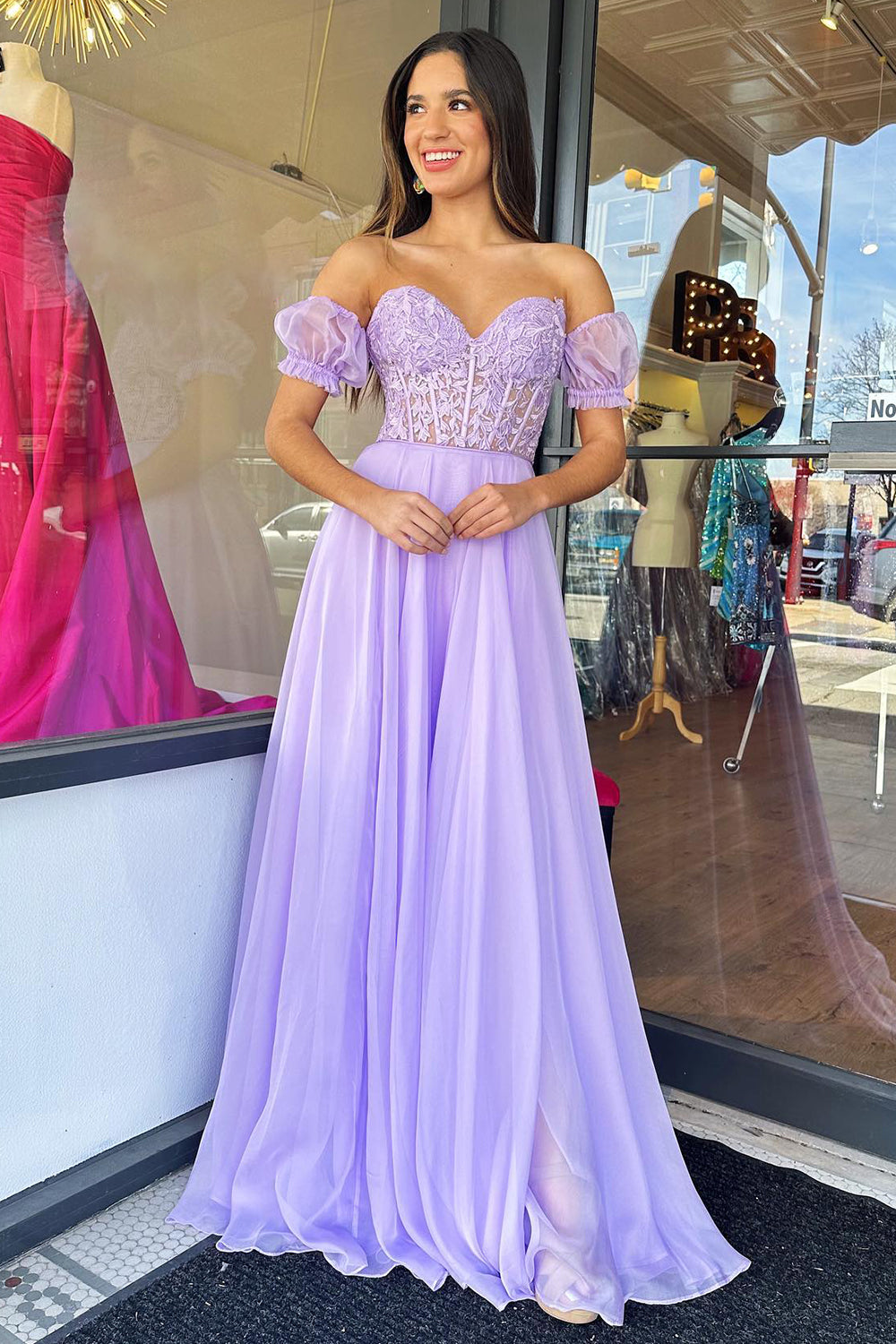 Lilac Prom Dress Corset A Line Sweetheart Long Chiffon Evening Dress with Slit