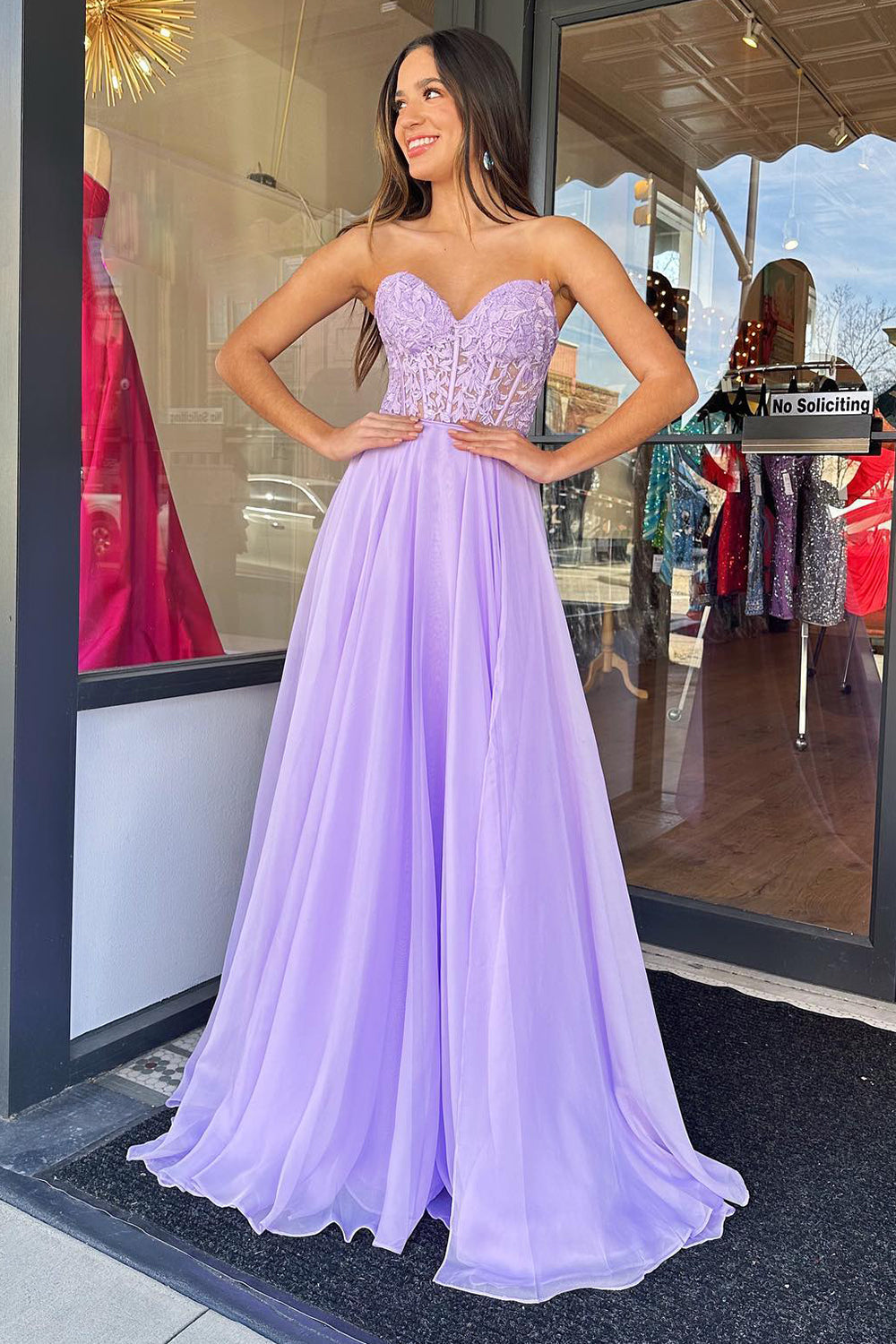 Lilac Prom Dress Corset A Line Sweetheart Long Chiffon Evening Dress with Slit