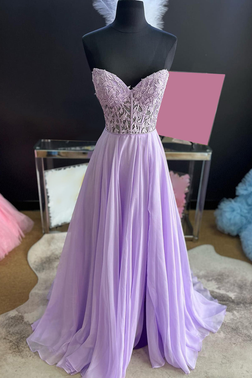 Lilac Prom Dress Corset A Line Sweetheart Long Chiffon Evening Dress with Slit