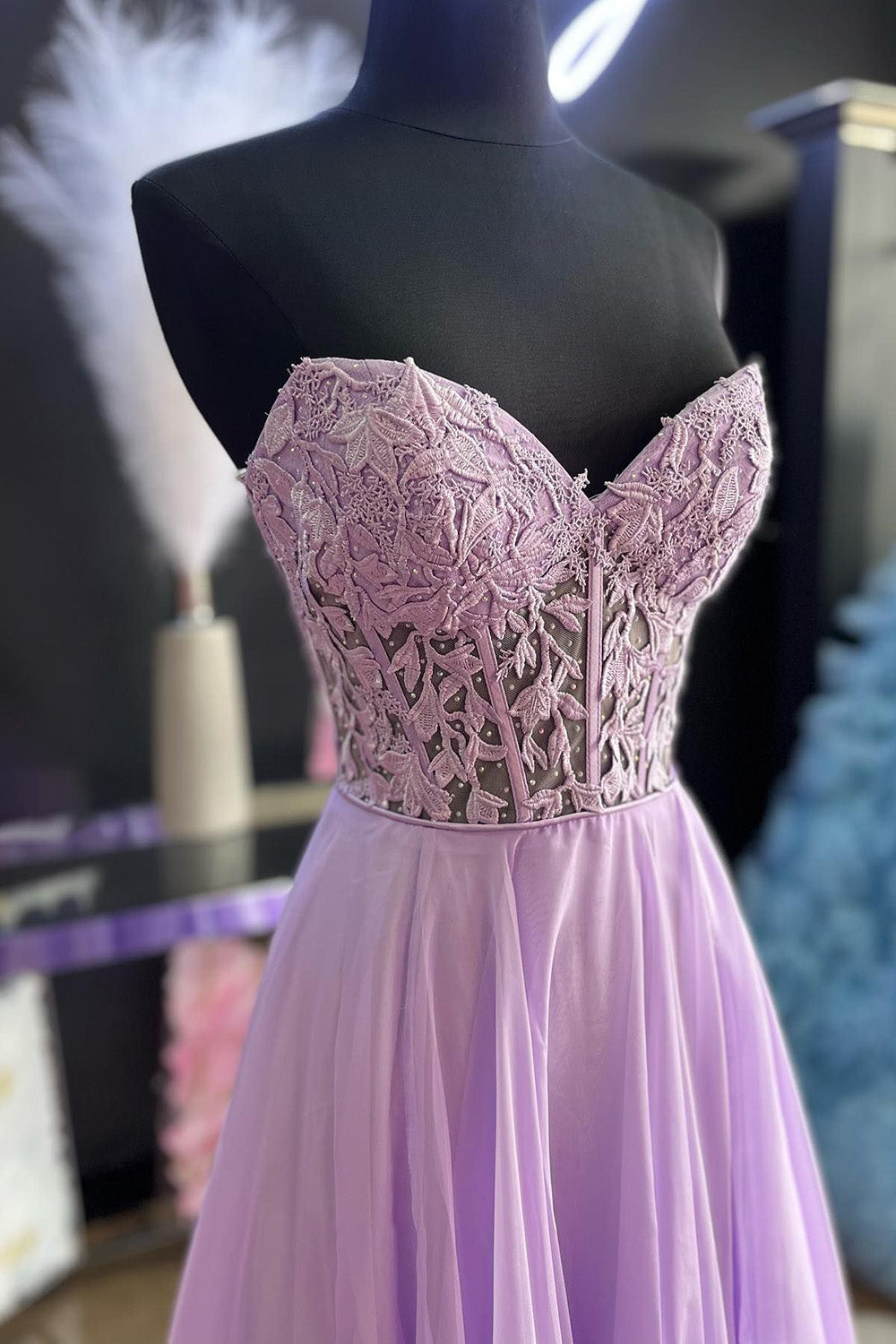 Lilac Prom Dress Corset A Line Sweetheart Long Chiffon Evening Dress with Slit
