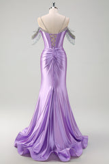 Lilac Prom Dress Mermaid Cold Shoulder Corset Long Evening Dress with Slit