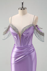 Lilac Prom Dress Mermaid Cold Shoulder Corset Long Evening Dress with Slit