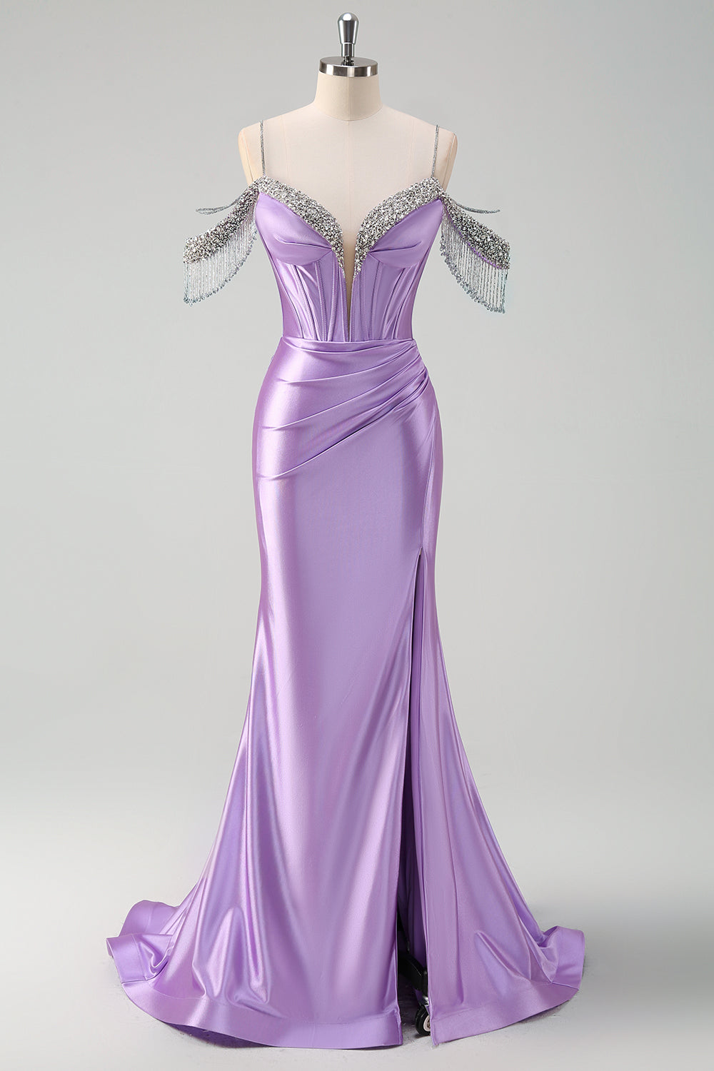 Lilac Prom Dress Mermaid Cold Shoulder Corset Long Evening Dress with Slit