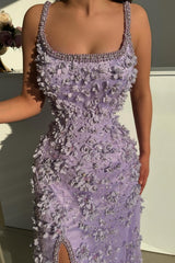 Lilac Prom Dress Mermaid Spaghetti Strap Beaded Sleeveless Slit Floor Length Formal Dress With Pearls And 3D Flowers