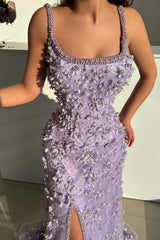 Lilac Prom Dress Mermaid Spaghetti Strap Beaded Sleeveless Slit Floor Length Formal Dress With Pearls And 3D Flowers