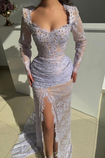 Lilac Prom Dress Mermaid Square Lace Beaded Sleeves Formal Dress With Slit
