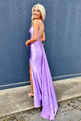 Lilac Prom Dress Spaghetti Straps Mermaid Corset Long Evening Dress With Slit