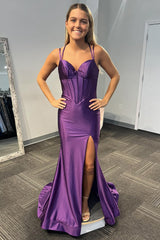 Lilac Prom Dress Spaghetti Straps Mermaid Corset Long Evening Dress With Slit