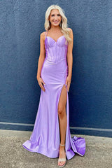Lilac Prom Dress Spaghetti Straps Mermaid Corset Long Evening Dress With Slit