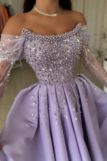 Lilac Prom Dress Strapless A Line One Shoulder Illusion Sleeve Beaded Satin Formal Dress With Pearls And Rhinestones