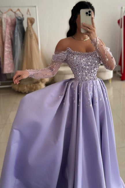 Lilac Prom Dress Strapless A Line One Shoulder Illusion Sleeve Beaded Satin Formal Dress With Pearls And Rhinestones