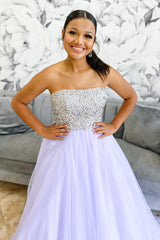 Lilac Prom Dress Tulle Strapless Long Evening Dress