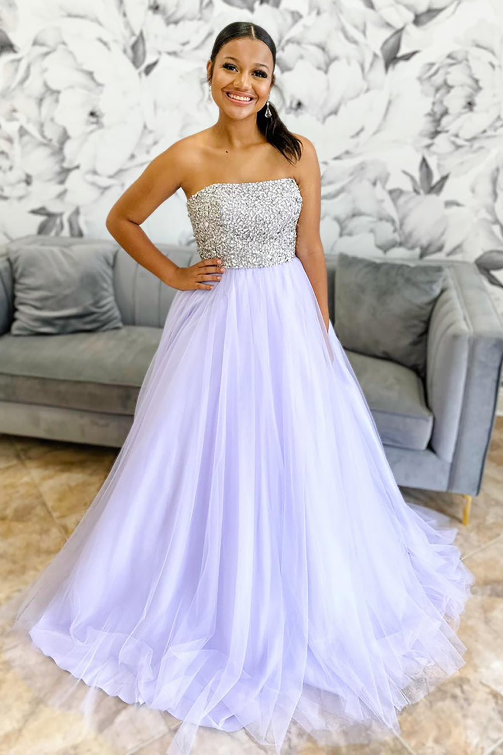 Lilac Prom Dress Tulle Strapless Long Evening Dress