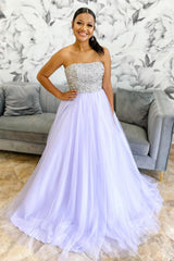 Lilac Prom Dress Tulle Strapless Long Evening Dress