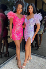 Lilac Sheath Short Graduation Dress with Feathers