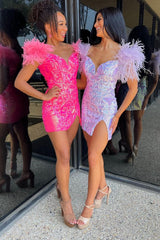 Lilac Sheath Short Graduation Dress with Feathers