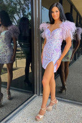 Lilac Sheath Short Graduation Dress with Feathers