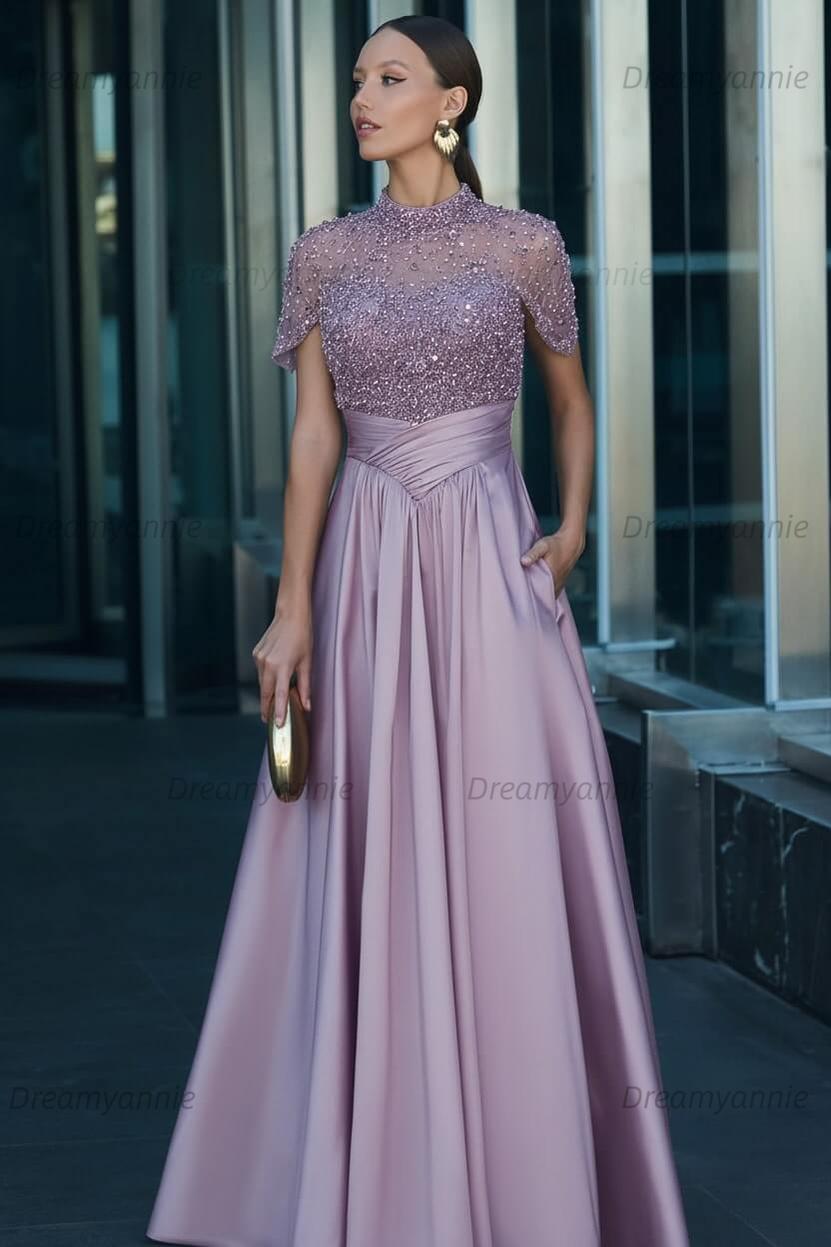 Green A Line Prom Dress Short Sleeve High Neck Beaded Evening Dress