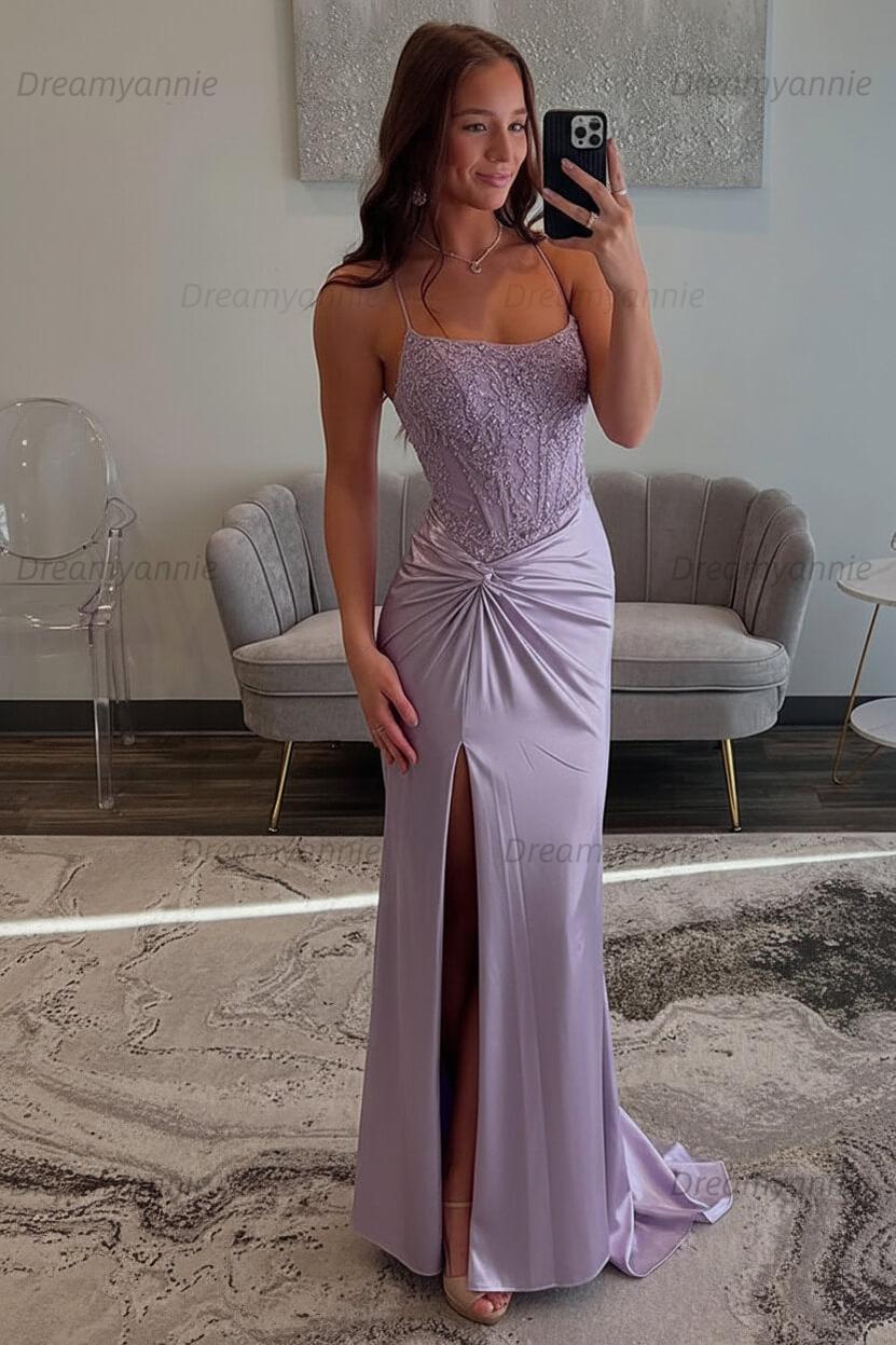 Dreamyannie Red Prom Dress Spaghetti Straps Ruhed Long Lace Formal Dress With Appliques