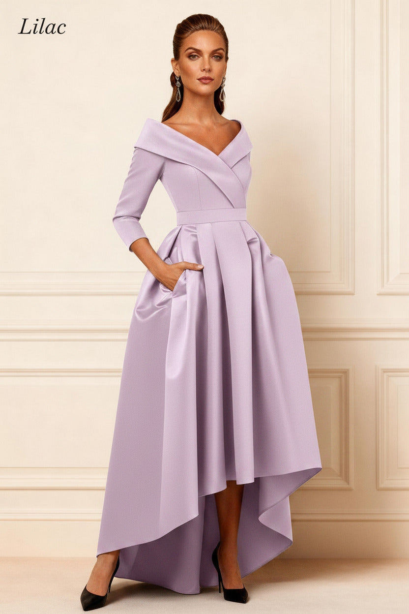 Dreamyannie Dark Navy V Neck Satin High Low Mother Of The Bride Dress With Pockets