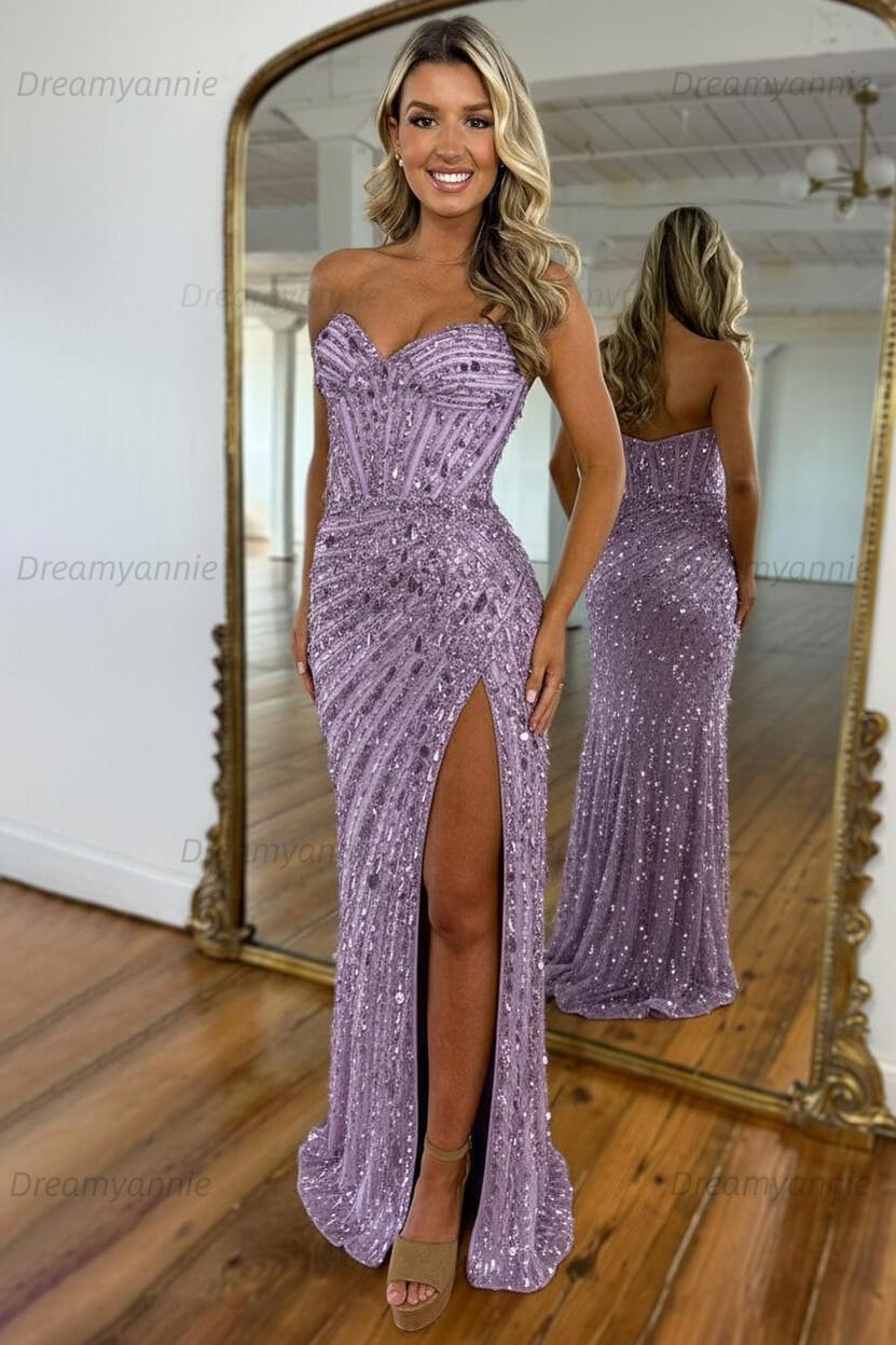 Sweetheart Mermaid Sequined Prom Dress With High Slit Skirt Evening Gown