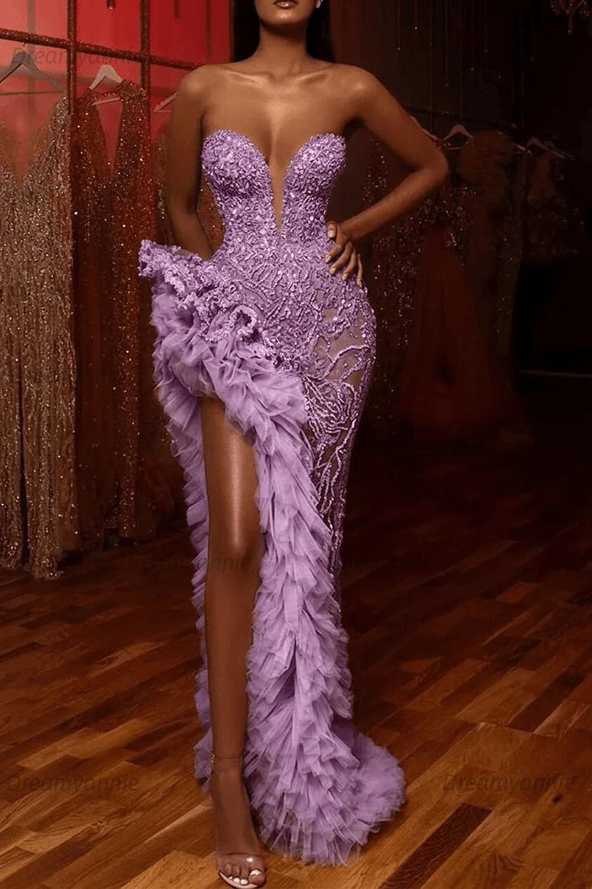 Mermaid Prom Dress Beading Sleeveless Long Split Evening Dress With Ruffles
