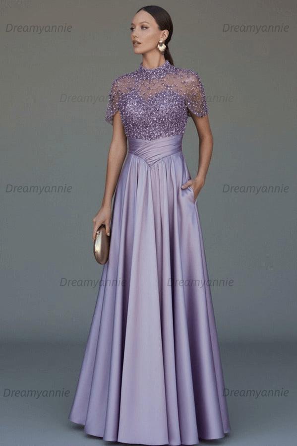 Green A Line Prom Dress Short Sleeve High Neck Beaded Evening Dress