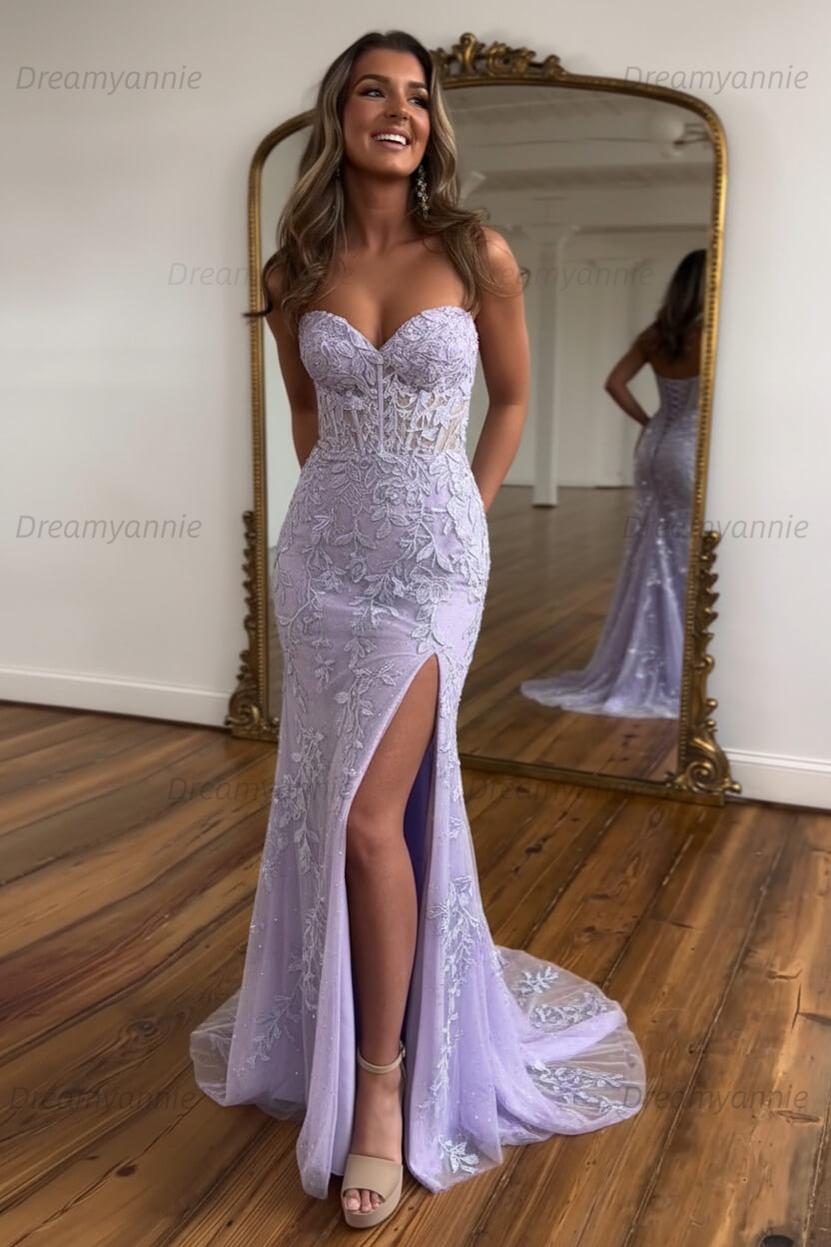 Light Blue Prom Dress Mermaid Sweetheart Corset Long Laced Evening Dress with Slit