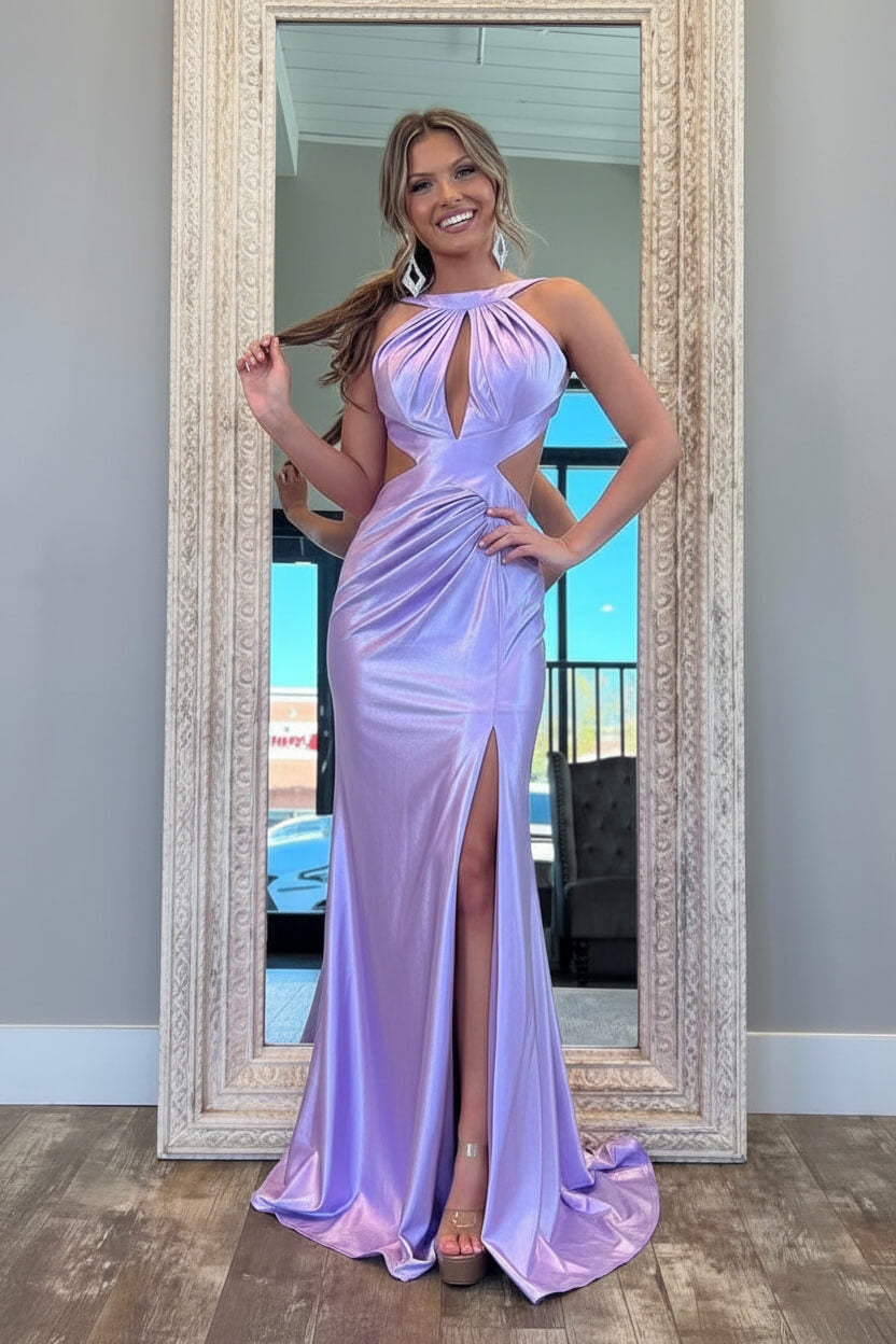 Stylish Fuchsia Metallic Mermaid Prom Dress With Slit And Open Back Formal Evening Gown