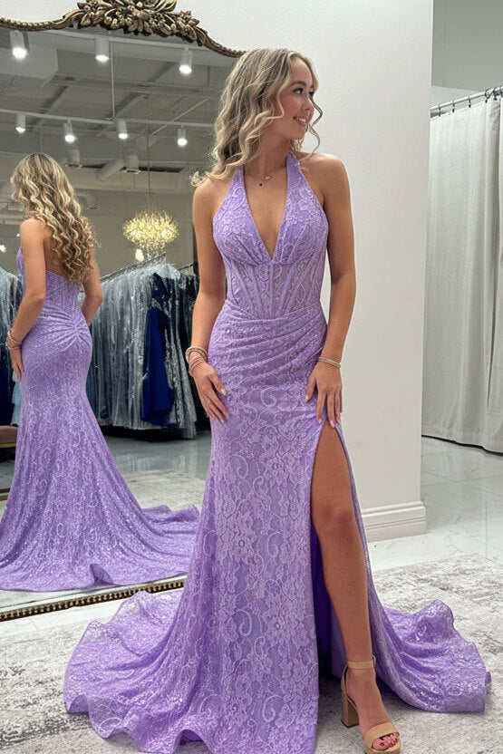 Dreamyannie Halter Pink Prom Dress Long Lace Formal Dress With Slit