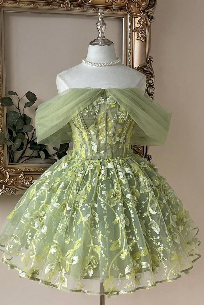 lime green off the shoulder dress Off-Shoulder Corset Mini Cocktail Floral Vine Embroidery Size:58R07 pattern_Beaded Strapless Layered Yellow Lace 96% Polyester 4% Spandex