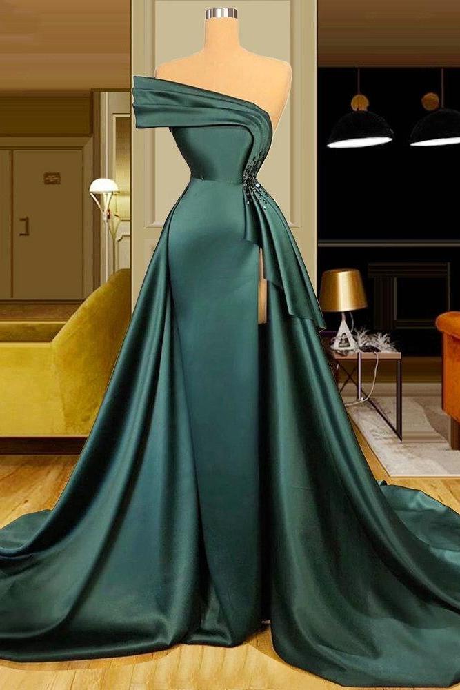 Long Dark Green Satin Prom Dress Elegant Split Evening Gowns