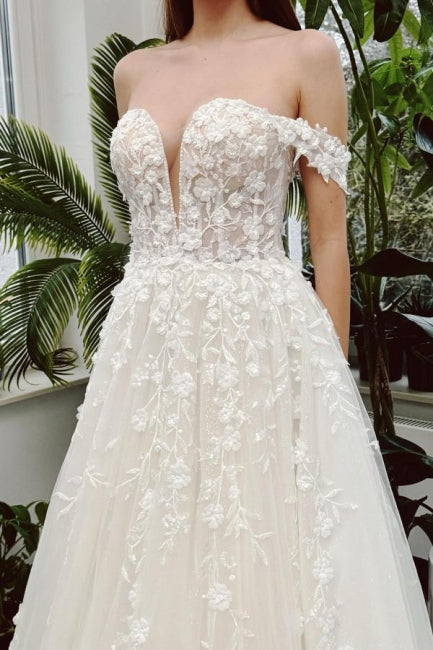 Long Ivory A Line Wedding Dress Off The Shoulder V Neck Sleeveless Bridal Gown With Lace