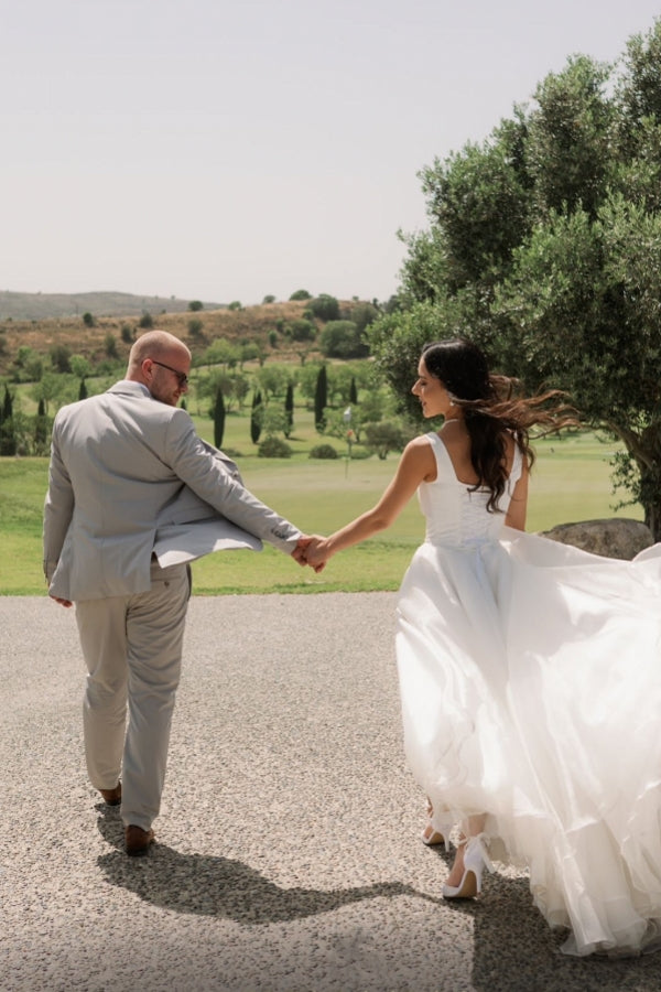 Long Ivory A Line Wedding Dress Straps Tulle Sleeveless Bridal Gown With Slit