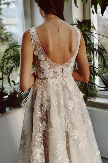 Long Ivory V Neck Wedding Dress A Line Split Front Sleeveless Bridal Gown With Lace